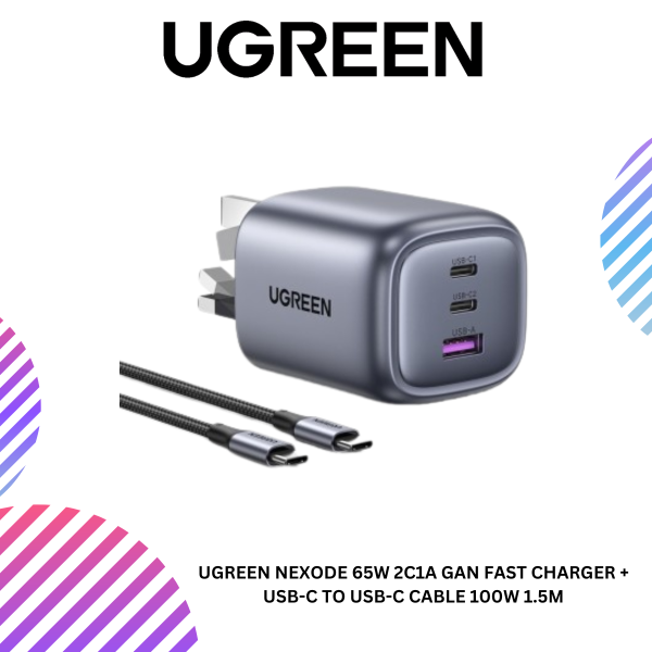 UGREEN NEXODE 65W 2C1A GAN FAST CHARGER + USB-C TO USB-C CABLE 100W 1.5M