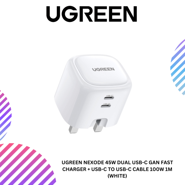 UGREEN NEXODE 45W DUAL USB-C GAN FAST CHARGER + USB-C TO USB-C CABLE 100W 1M (WHITE)