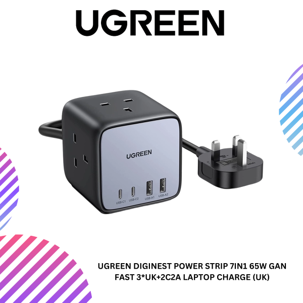 UGREEN DIGINEST POWER STRIP 7IN1 65W GAN FAST 3*UK+2C2A LAPTOP CHARGE (UK)