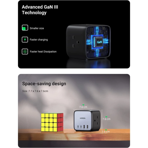 UGREEN DIGINEST POWER STRIP 7IN1 65W GAN FAST 3*UK+2C2A LAPTOP CHARGE (UK)