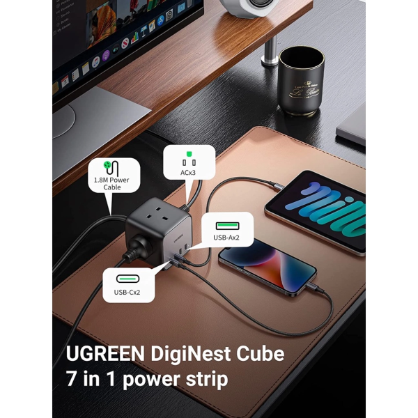 UGREEN DIGINEST POWER STRIP 7IN1 65W GAN FAST 3*UK+2C2A LAPTOP CHARGE (UK)