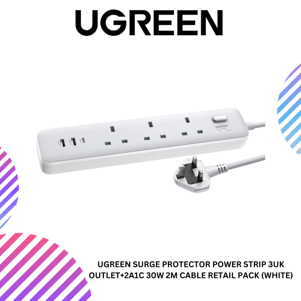 UGREEN SURGE PROTECTOR POWER STRIP 3UK OUTLET+2A1C 30W 2M CABLE RETAIL PACK (WHITE)