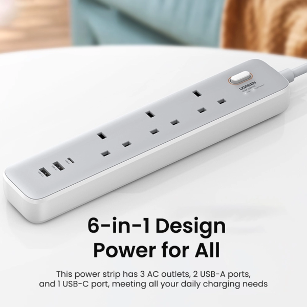 UGREEN SURGE PROTECTOR POWER STRIP 3UK OUTLET+2A1C 30W 2M CABLE RETAIL PACK (WHITE)
