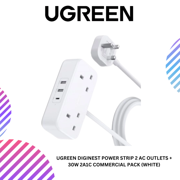 UGREEN DIGINEST POWER STRIP 2 AC OUTLETS + 30W 2A1C COMMERCIAL PACK (WHITE)