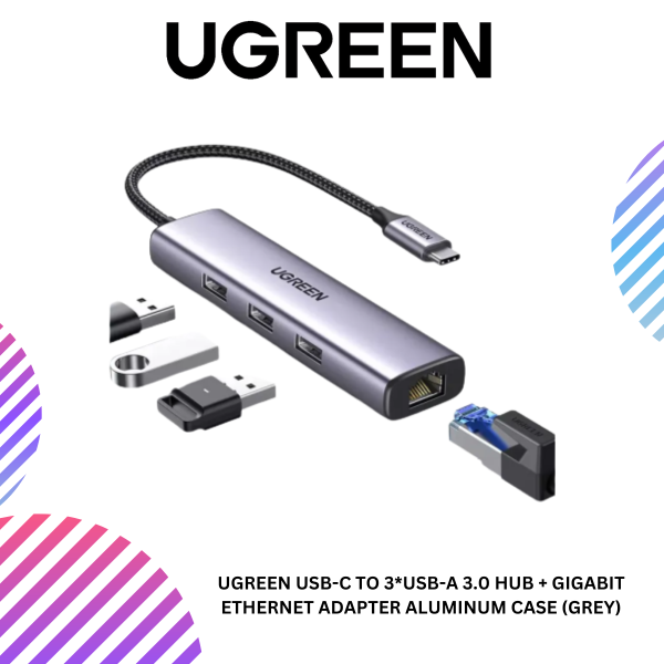UGREEN USB-C TO 3*USB-A 3.0 HUB + GIGABIT ETHERNET ADAPTER ALUMINUM CASE (GREY)
