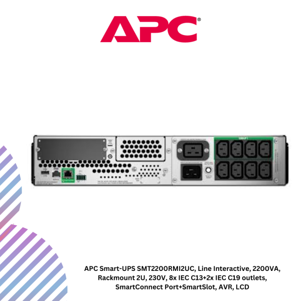 inc-10-2.png APC Smart-UPS SMT2200RMI2UC, Line Interactive, 2200VA, Rackmount 2U, 230V, 8x IEC C13+2x IEC C19 outlets, SmartConnect Port+SmartSlot, AVR, LCD