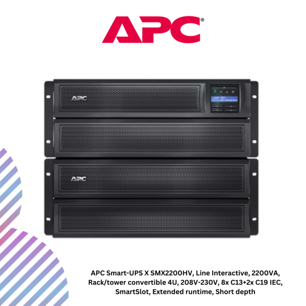 APC Smart-UPS X SMX2200HV, Line Interactive, 2200VA, Rack/tower convertible 4U, 208V-230V, 8x C13+2x C19 IEC, SmartSlot, Extended runtime, Short depth