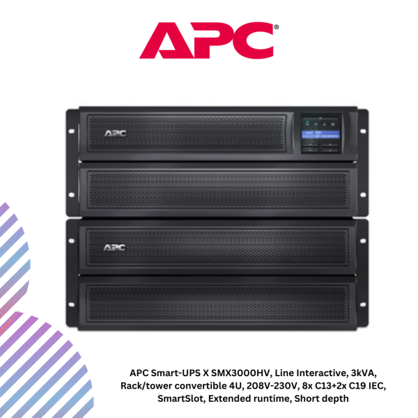APC Smart-UPS X SMX3000HV, Line Interactive, 3kVA, Rack/tower convertible 4U, 208V-230V, 8x C13+2x C19 IEC, SmartSlot, Extended runtime, Short depth