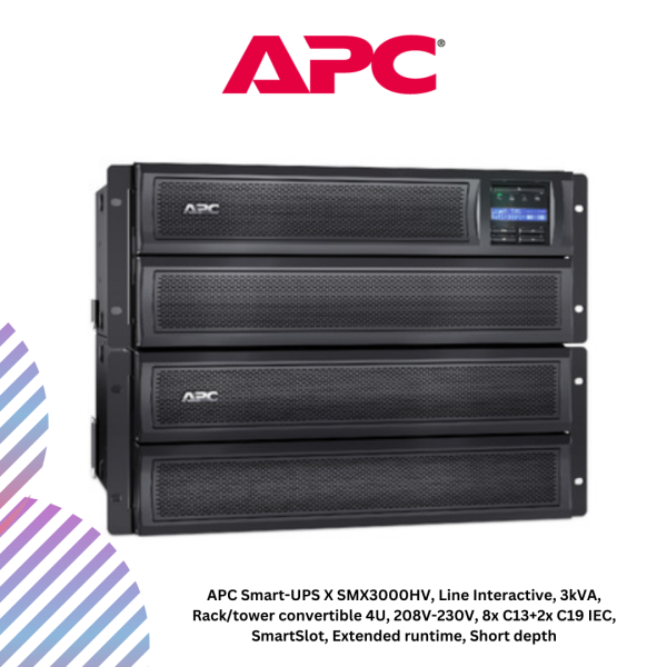 APC Smart-UPS X SMX3000HV, Line Interactive, 3kVA, Rack/tower convertible 4U, 208V-230V, 8x C13+2x C19 IEC, SmartSlot, Extended runtime, Short depth