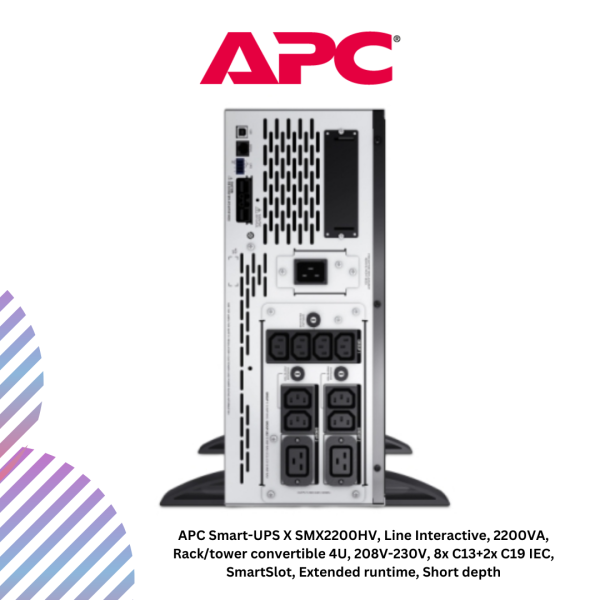 APC Smart-UPS X SMX2200HV, Line Interactive, 2200VA, Rack/tower convertible 4U, 208V-230V, 8x C13+2x C19 IEC, SmartSlot, Extended runtime, Short depth