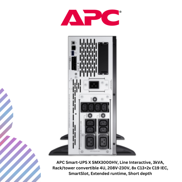 APC Smart-UPS X SMX3000HV, Line Interactive, 3kVA, Rack/tower convertible 4U, 208V-230V, 8x C13+2x C19 IEC, SmartSlot, Extended runtime, Short depth