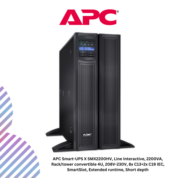 APC Smart-UPS X SMX2200HV, Line Interactive, 2200VA, Rack/tower convertible 4U, 208V-230V, 8x C13+2x C19 IEC, SmartSlot, Extended runtime, Short depth