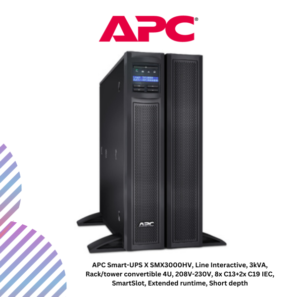 APC Smart-UPS X SMX3000HV, Line Interactive, 3kVA, Rack/tower convertible 4U, 208V-230V, 8x C13+2x C19 IEC, SmartSlot, Extended runtime, Short depth