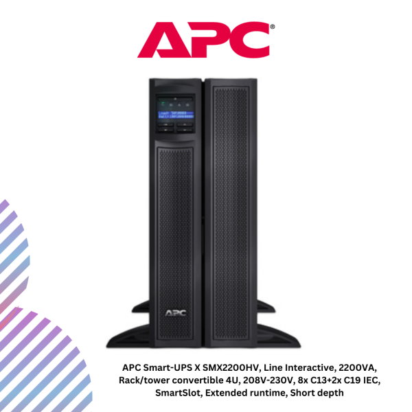 APC Smart-UPS X SMX2200HV, Line Interactive, 2200VA, Rack/tower convertible 4U, 208V-230V, 8x C13+2x C19 IEC, SmartSlot, Extended runtime, Short depth