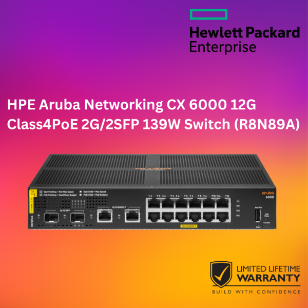 HPE Aruba Networking CX 6000 12G Class4PoE 2G/2SFP 139W Switch (R8N89A)