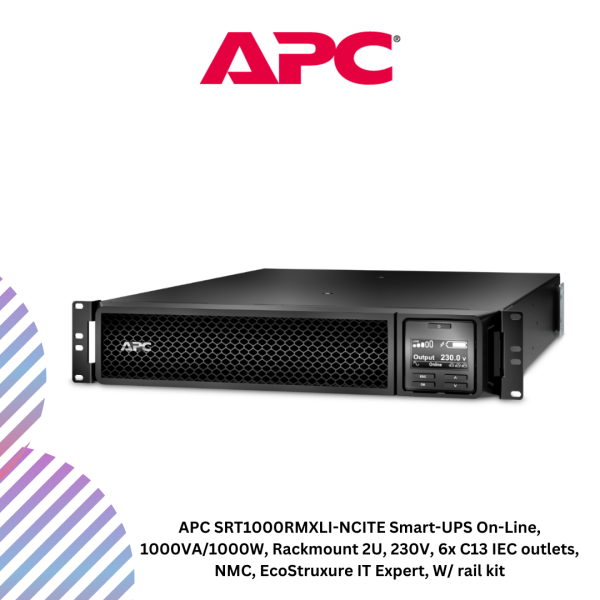 APC SRT1000RMXLI-NCITE Smart-UPS On-Line, 1000VA/1000W, Rackmount 2U, 230V, 6x C13 IEC outlets, NMC, EcoStruxure IT Expert, W/ rail kit