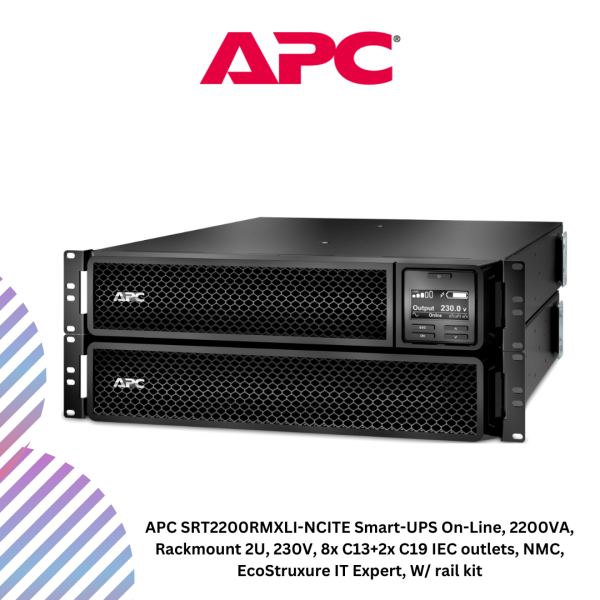 inc-15-12-1.png APC SRT2200RMXLI-NCITE Smart-UPS On-Line, 2200VA, Rackmount 2U, 230V, 8x C13+2x C19 IEC outlets, NMC, EcoStruxure IT Expert, W/ rail kit