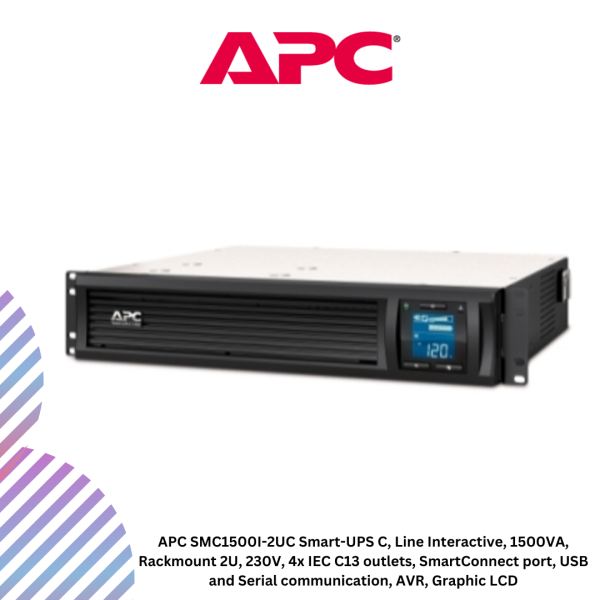 APC SMC1500I-2UC Smart-UPS C, Line Interactive, 1500VA, Rackmount 2U, 230V, 4x IEC C13 outlets, SmartConnect port, USB and Serial communication, AVR, Graphic LCD