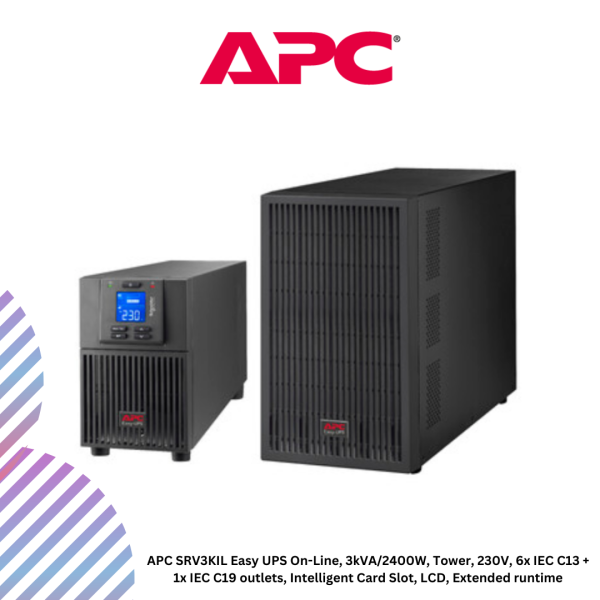 APC SRV3KIL Easy UPS On-Line, 3kVA/2400W, Tower, 230V, 6x IEC C13 + 1x IEC C19 outlets, Intelligent Card Slot, LCD, Extended runtime