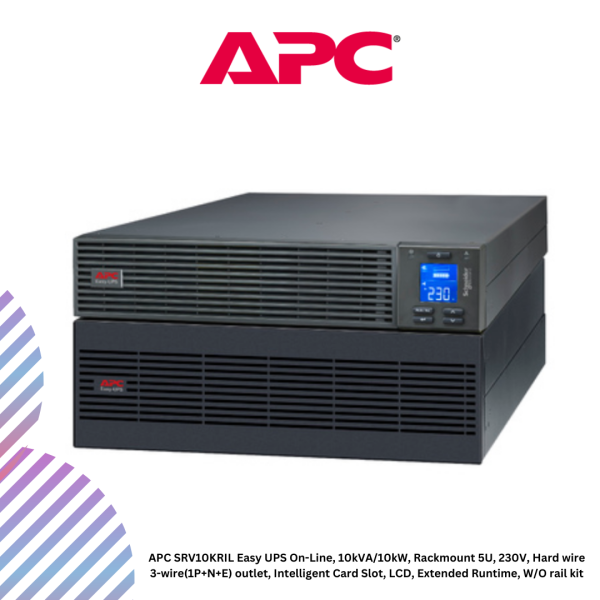APC SRV10KRIL Easy UPS On-Line, 10kVA/10kW, Rackmount 5U, 230V, Hard wire 3-wire(1P+N+E) outlet, Intelligent Card Slot, LCD, Extended Runtime, W/O rail kit