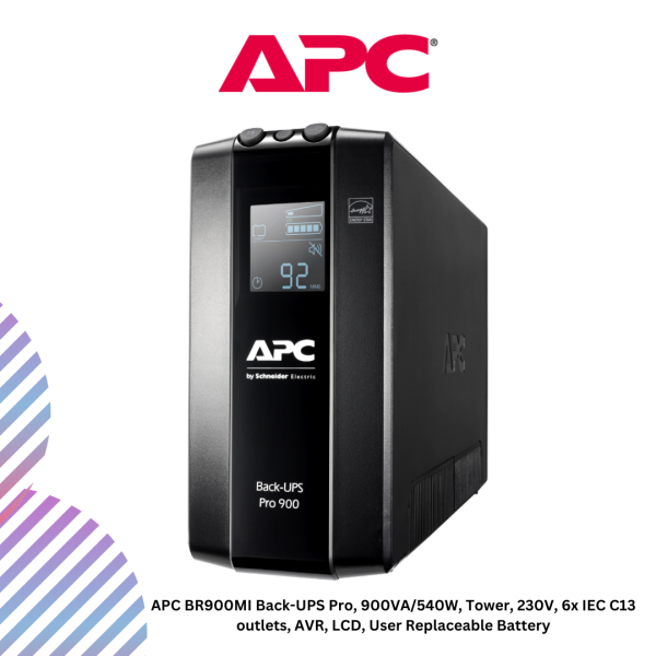 inc-15-3-1.png APC BR900MI Back-UPS Pro, 900VA/540W, Tower, 230V, 6x IEC C13 outlets, AVR, LCD, User Replaceable Battery