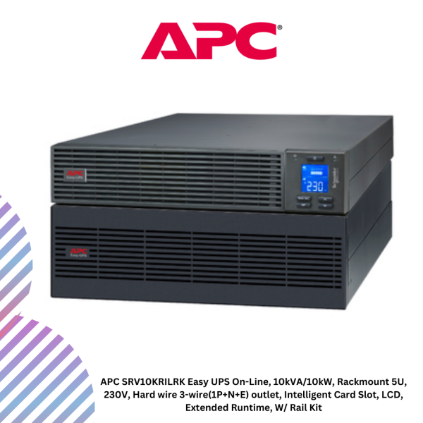 APC SRV10KRILRK Easy UPS On-Line, 10kVA/10kW, Rackmount 5U, 230V, Hard wire 3-wire(1P+N+E) outlet, Intelligent Card Slot, LCD, Extended Runtime, W/ Rail Kit