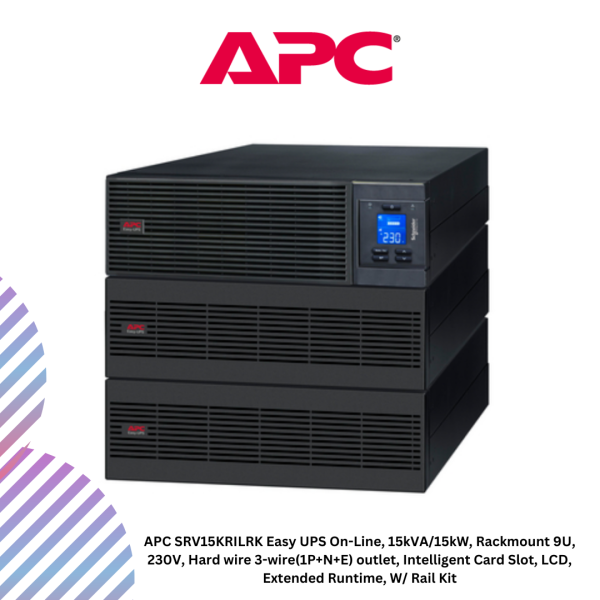 APC SRV15KRILRK Easy UPS On-Line, 15kVA/15kW, Rackmount 9U, 230V, Hard wire 3-wire(1P+N+E) outlet, Intelligent Card Slot, LCD, Extended Runtime, W/ Rail Kit