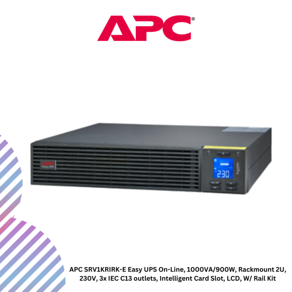 APC SRV1KRIRK-E Easy UPS On-Line, 1000VA/900W, Rackmount 2U, 230V, 3x IEC C13 outlets, Intelligent Card Slot, LCD, W/ Rail Kit