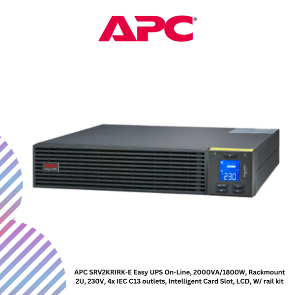 APC SRV2KRIRK-E Easy UPS On-Line, 2000VA/1800W, Rackmount 2U, 230V, 4x IEC C13 outlets, Intelligent Card Slot, LCD, W/ rail kit