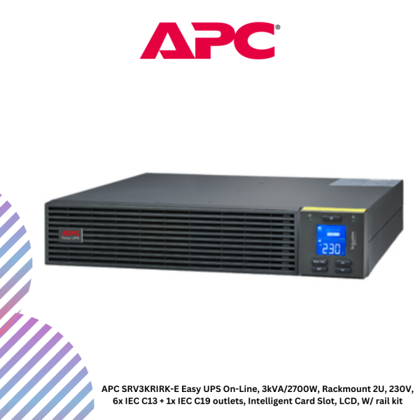 APC SRV3KRIRK-E Easy UPS On-Line, 3kVA/2700W, Rackmount 2U, 230V, 6x IEC C13 + 1x IEC C19 outlets, Intelligent Card Slot, LCD, W/ rail kit
