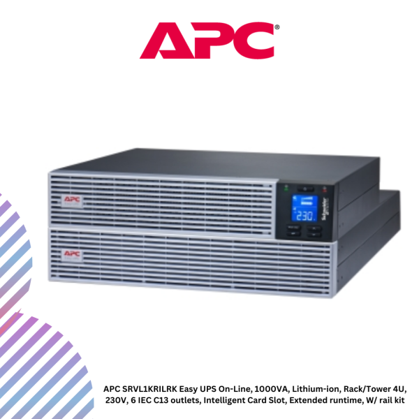 APC SRVL1KRILRK Easy UPS On-Line, 1000VA, Lithium-ion, Rack/Tower 4U, 230V, 6 IEC C13 outlets, Intelligent Card Slot, Extended runtime, W/ rail kit