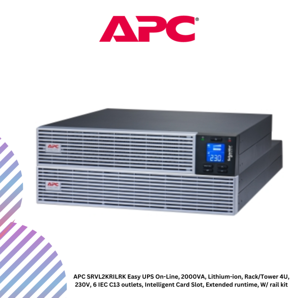 APC SRVL2KRILRK Easy UPS On-Line, 2000VA, Lithium-ion, Rack/Tower 4U, 230V, 6 IEC C13 outlets, Intelligent Card Slot, Extended runtime, W/ rail kit