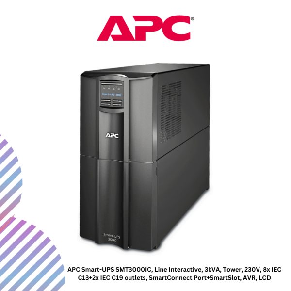 APC Smart-UPS SMT3000IC, Line Interactive, 3kVA, Tower, 230V, 8x IEC C13+2x IEC C19 outlets, SmartConnect Port+SmartSlot, AVR, LCD