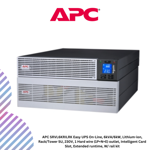 inc-15-40.png APC SRVL6KRILRK Easy UPS On-Line, 6kVA/6kW, Lithium-ion, Rack/Tower 5U, 230V, 1 Hard wire (1P+N+E) outlet, Intelligent Card Slot, Extended runtime, W/ rail kit