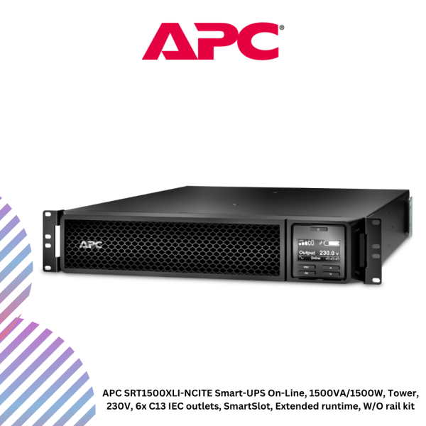 inc-15-51.png APC SRT1500XLI-NCITE Smart-UPS On-Line, 1500VA/1500W, Tower, 230V, 6x C13 IEC outlets, SmartSlot, Extended runtime, W/O rail kit