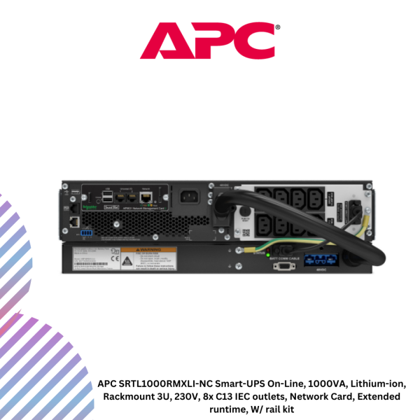 inc-15-56.png APC SRTL1000RMXLI-NC Smart-UPS On-Line, 1000VA, Lithium-ion, Rackmount 3U, 230V, 8x C13 IEC outlets, Network Card, Extended runtime, W/ rail kit