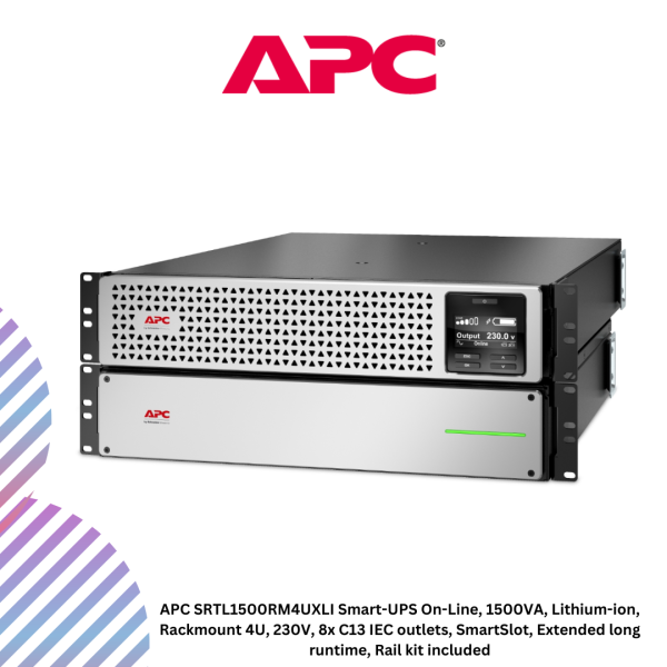 inc-15-57.png APC SRTL1500RM4UXLI Smart-UPS On-Line, 1500VA, Lithium-ion, Rackmount 4U, 230V, 8x C13 IEC outlets, SmartSlot, Extended long runtime, Rail kit included
