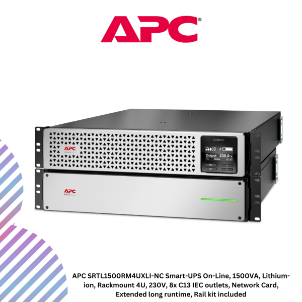 inc-15-58.png APC SRTL1500RM4UXLI-NC Smart-UPS On-Line, 1500VA, Lithium-ion, Rackmount 4U, 230V, 8x C13 IEC outlets, Network Card, Extended long runtime, Rail kit included