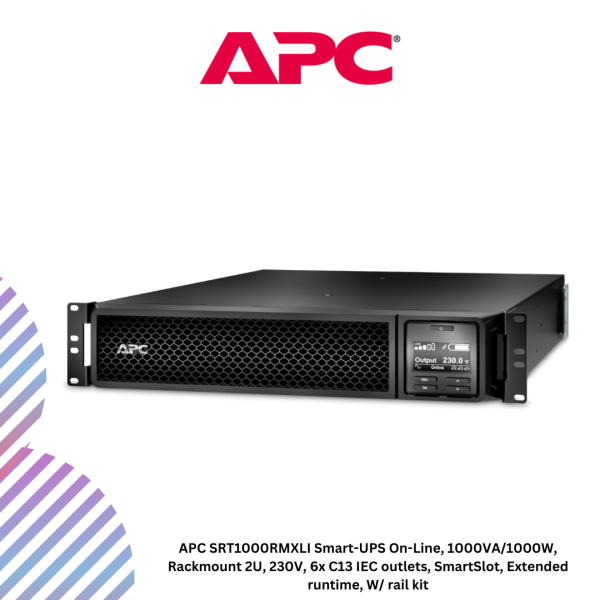 APC SRT1000RMXLI Smart-UPS On-Line, 1000VA/1000W, Rackmount 2U, 230V, 6x C13 IEC outlets, SmartSlot, Extended runtime, W/ rail kit