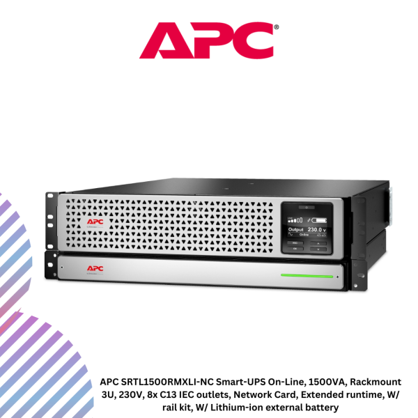 inc-15-60.png APC SRTL1500RMXLI-NC Smart-UPS On-Line, 1500VA, Rackmount 3U, 230V, 8x C13 IEC outlets, Network Card, Extended runtime, W/ rail kit, W/ Lithium-ion external battery