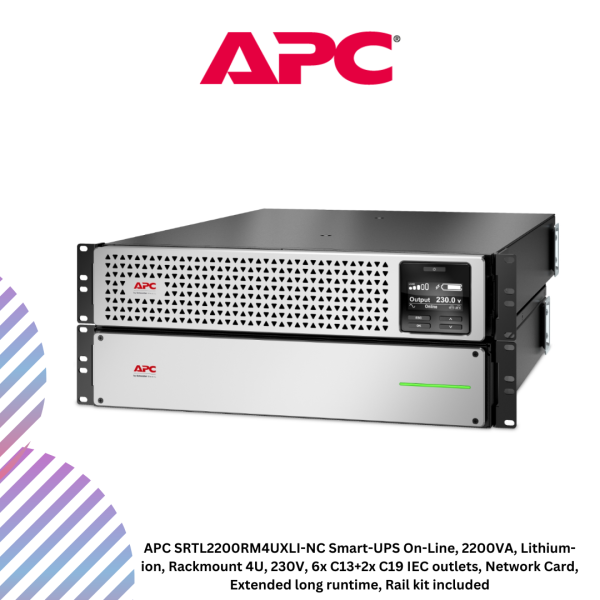 inc-15-62.png APC SRTL2200RM4UXLI-NC Smart-UPS On-Line, 2200VA, Lithium-ion, Rackmount 4U, 230V, 6x C13+2x C19 IEC outlets, Network Card, Extended long runtime, Rail kit included