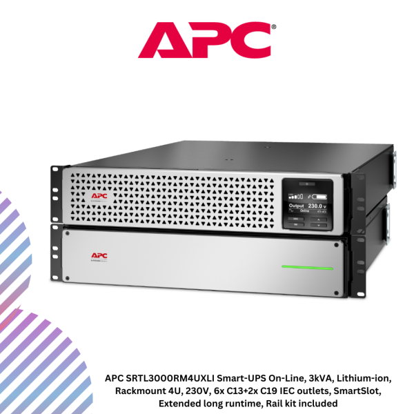 inc-15-63.png APC SRTL3000RM4UXLI Smart-UPS On-Line, 3kVA, Lithium-ion, Rackmount 4U, 230V, 6x C13+2x C19 IEC outlets, SmartSlot, Extended long runtime, Rail kit included