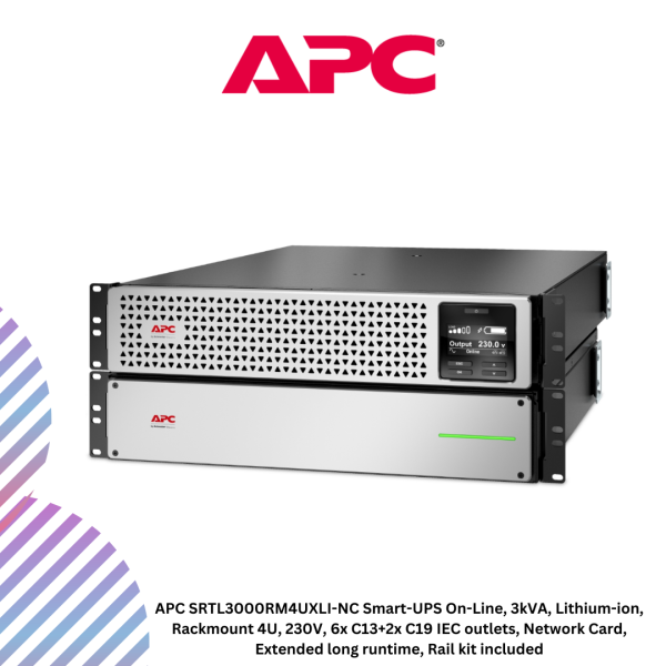 inc-15-64.png APC SRTL3000RM4UXLI-NC Smart-UPS On-Line, 3kVA, Lithium-ion, Rackmount 4U, 230V, 6x C13+2x C19 IEC outlets, Network Card, Extended long runtime, Rail kit included