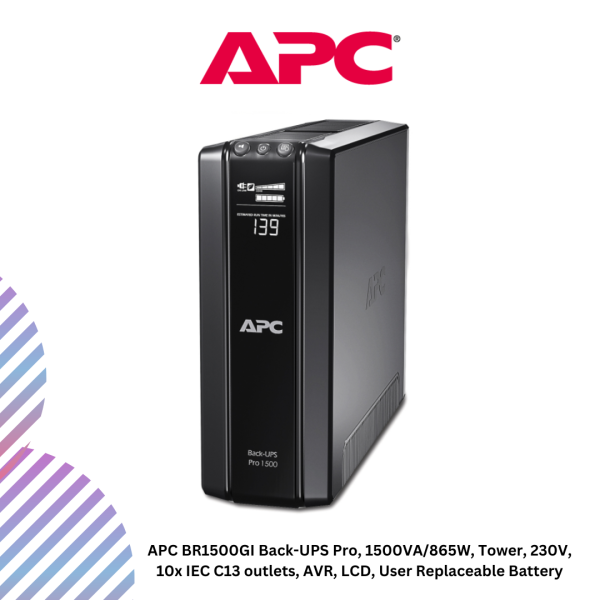 inc-15-9-1.png APC BR1500GI Back-UPS Pro, 1500VA/865W, Tower, 230V, 10x IEC C13 outlets, AVR, LCD, User Replaceable Battery