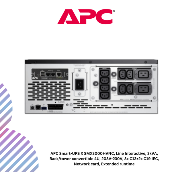 APC Smart-UPS X SMX3000HVNC, Line Interactive, 3kVA, Rack/tower convertible 4U, 208V-230V, 8x C13+2x C19 IEC, Network card, Extended runtime