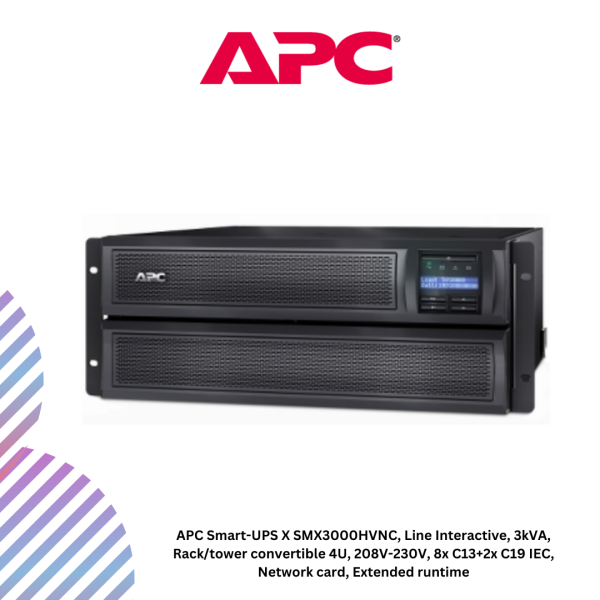 APC Smart-UPS X SMX3000HVNC, Line Interactive, 3kVA, Rack/tower convertible 4U, 208V-230V, 8x C13+2x C19 IEC, Network card, Extended runtime