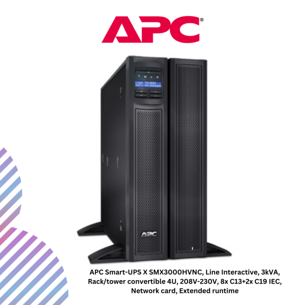 APC Smart-UPS X SMX3000HVNC, Line Interactive, 3kVA, Rack/tower convertible 4U, 208V-230V, 8x C13+2x C19 IEC, Network card, Extended runtime
