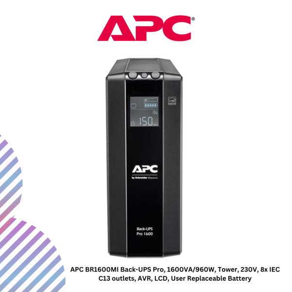 inc-20-1-2.png APC BR1600MI Back-UPS Pro, 1600VA/960W, Tower, 230V, 8x IEC C13 outlets, AVR, LCD, User Replaceable Battery