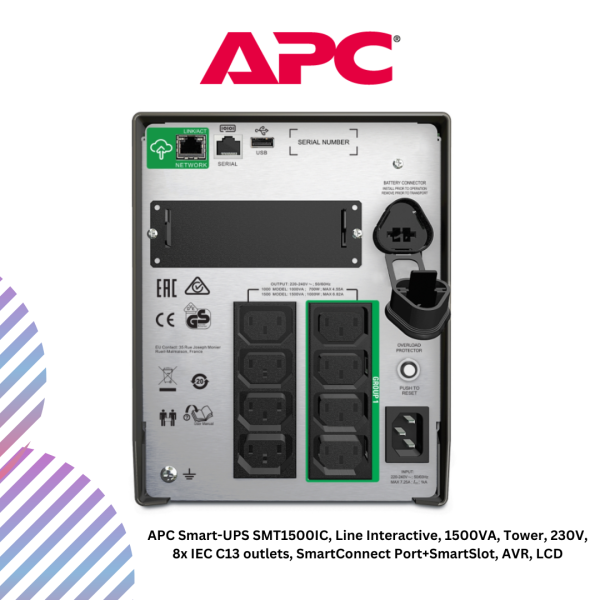 APC Smart-UPS SMT1500IC, Line Interactive, 1500VA, Tower, 230V, 8x IEC C13 outlets, SmartConnect Port+SmartSlot, AVR, LCD