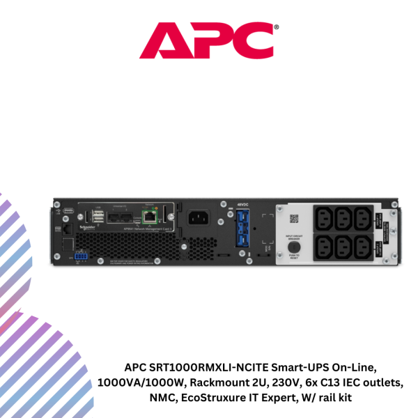 APC SRT1000RMXLI-NCITE Smart-UPS On-Line, 1000VA/1000W, Rackmount 2U, 230V, 6x C13 IEC outlets, NMC, EcoStruxure IT Expert, W/ rail kit